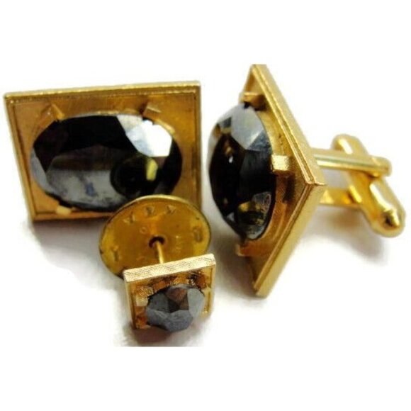 Black Faceted Cuff Link Set Dante Gold Tone Cufflinks & Tie Tack Tux Shirt Vtg - Picture 7 of 11